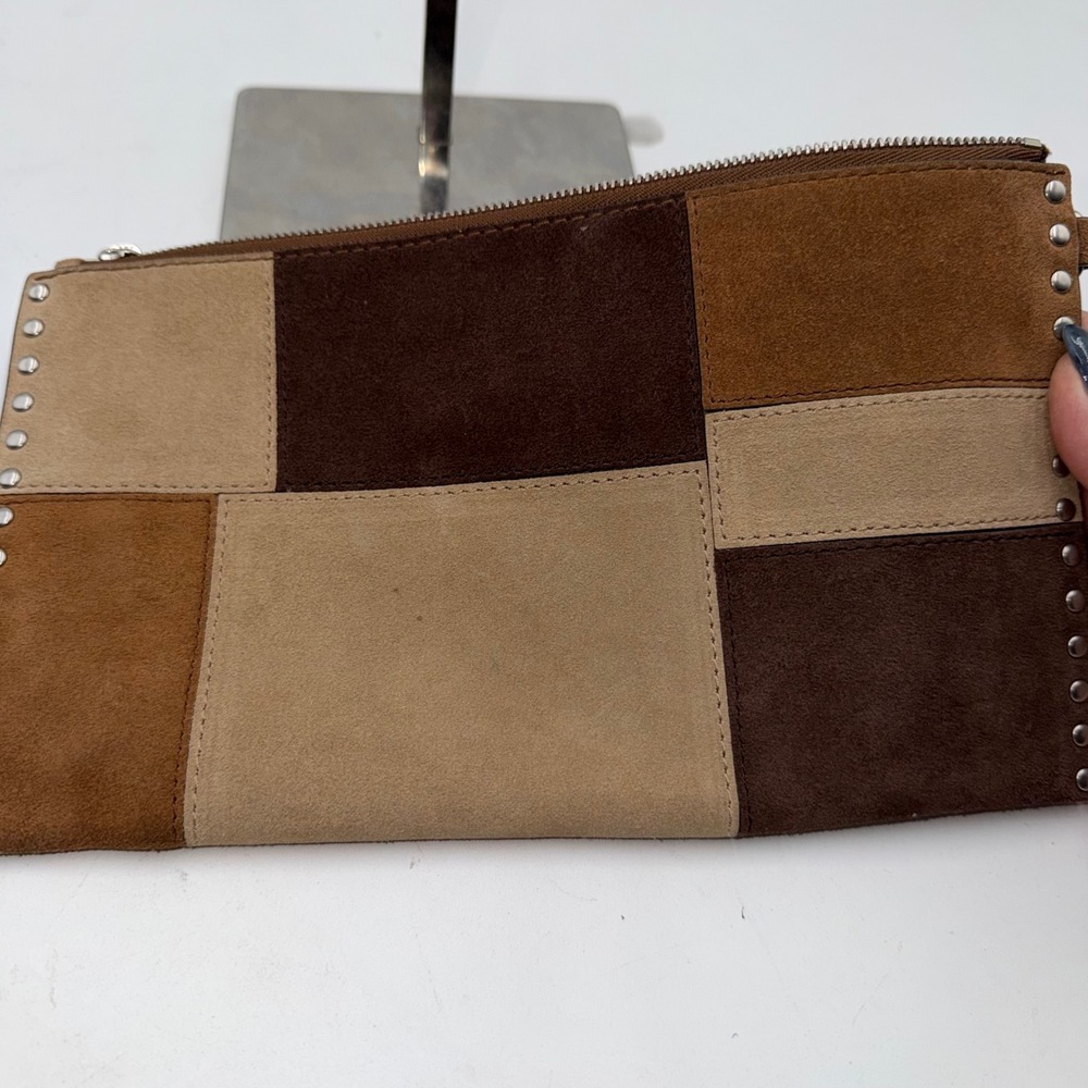 Michael Kors Suede Patchwork Studded Wristlet Clutch Brown Tan Silver Studs - Picture 12 of 13